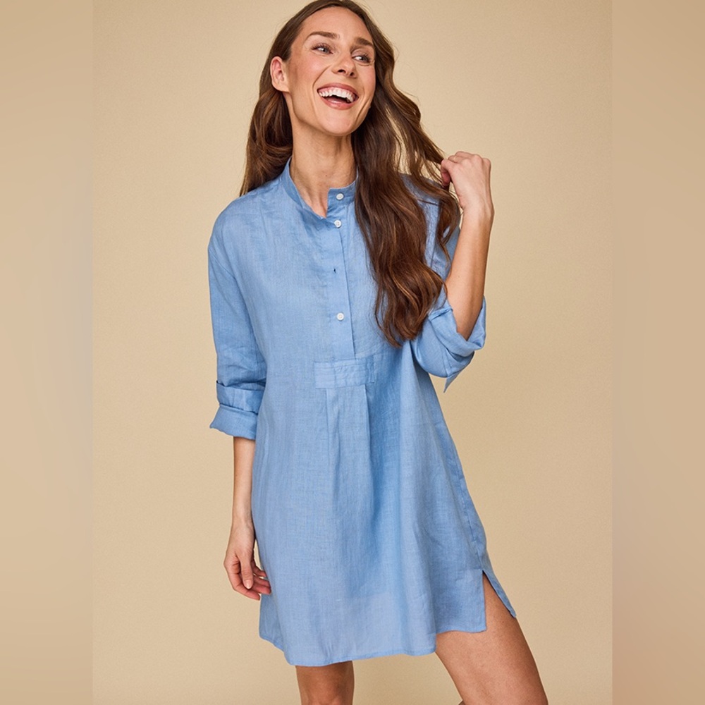 THE SLEEP SHIRT Short Sleepshirt Linen Blue PJ Quiet Luxury One Size S/M/L/XL